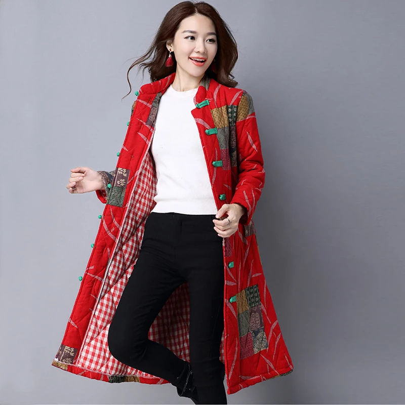 

National wind large size women's autumn and winter new retro buckle cotton and linen thick coat coat loose long coat Parkas