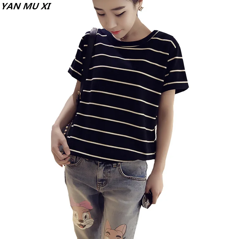 

Fashion Summer T-shirt 2018 Spring And Summer New Black And White Striped Short-sleeved T-shirt Korean Bottoming Ladies Tops