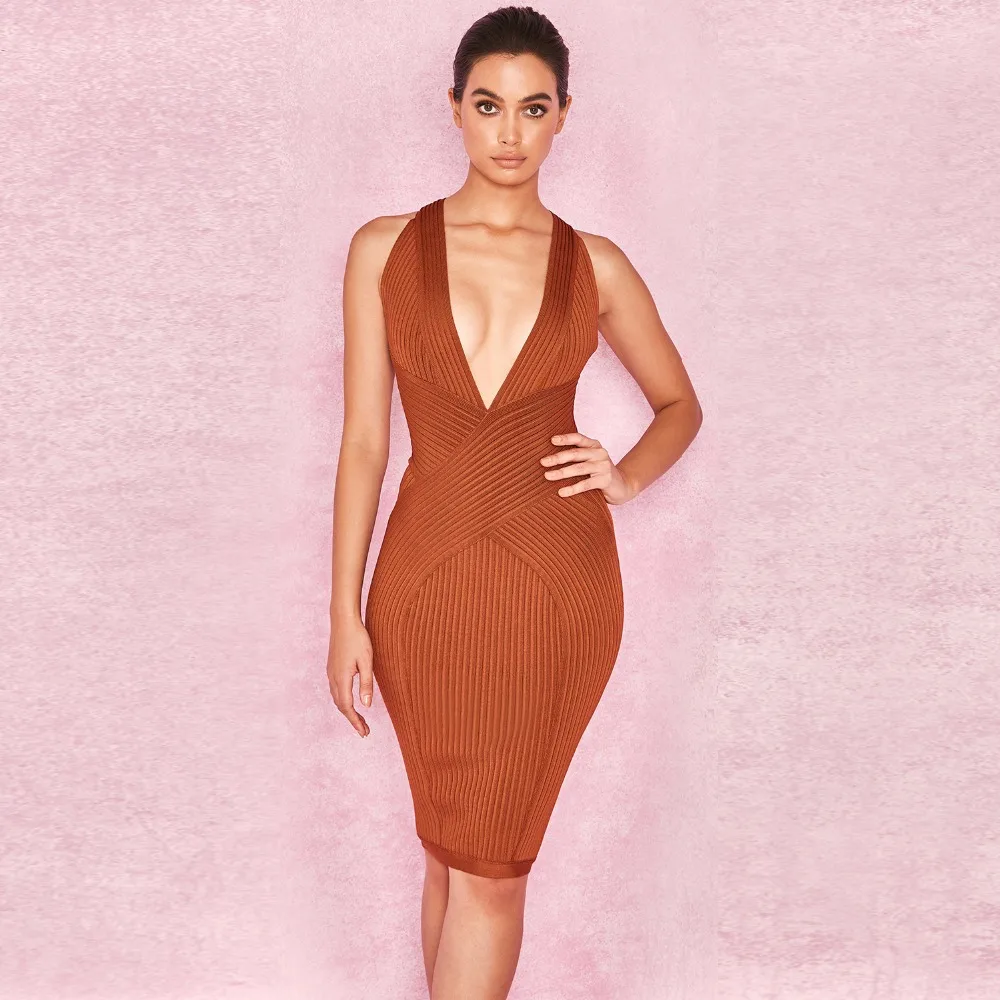 2018 new arrivals summer women dress red brown v neck sleeveless off shoulder bodycon bandage party Vestidos | Женская одежда
