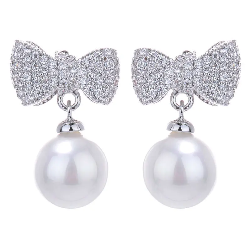 Серьги подвески женские с бантом и фианитом серебряное покрытие|dangle earrings for