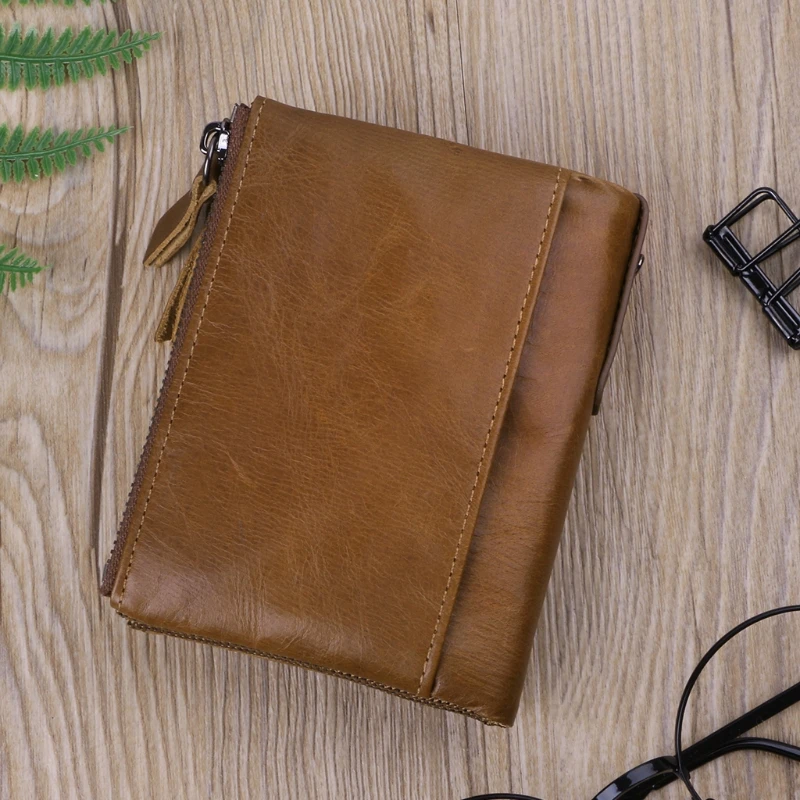 

Men Genuine Leather Double Zipper Wallet Cowhide Bifold Coin Purse Card Holder