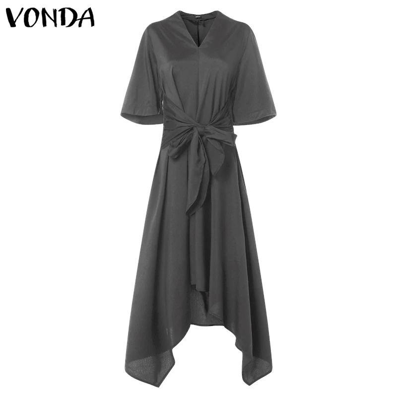 VONDA модное летнее длинное платье макси, женское сексуальное платье с коротким рукавом и v-образным вырезом, асимметричные винтажные вечерние платья с высокой талией
