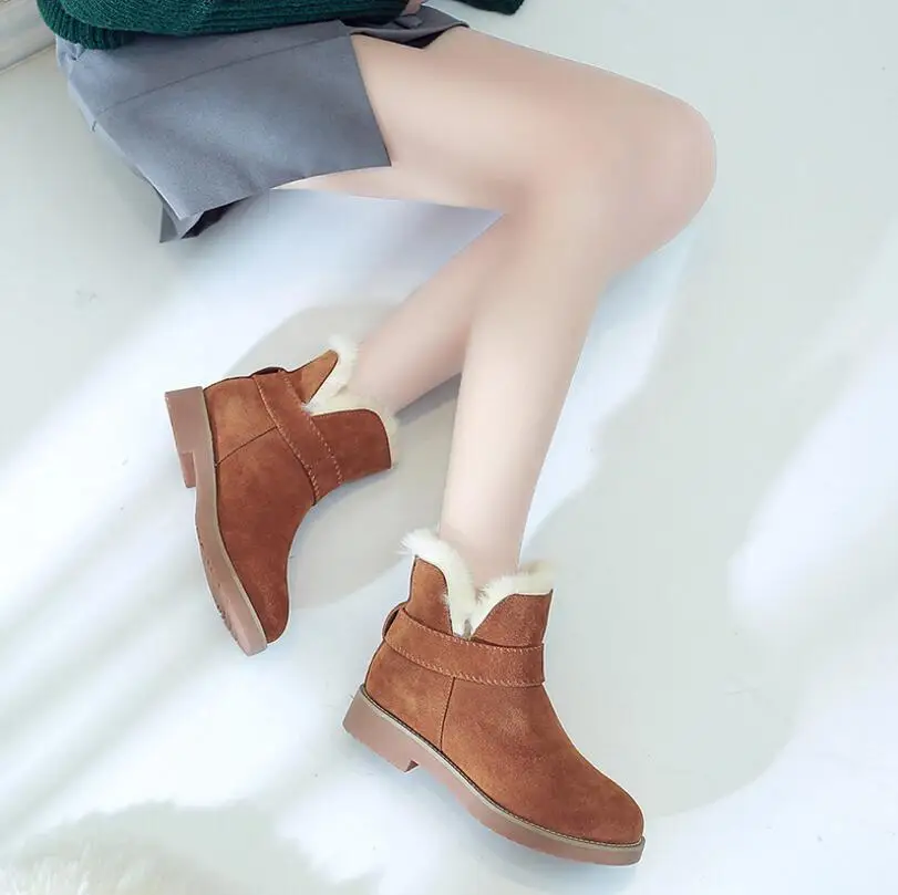 

MVVJKE 2017 Genuine Leather wool snow boots Short tube warm cotton boots Round head woman boots Winter cotton shoes Botas mujer