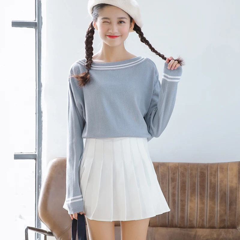 blue sweater Белая плиссированная юбка, шорты, женское Свободное длинное платье с длинными рукавами, тонкая юбка с высокой талией, хлопковые шорты для колледжа, Осенние - Цвет: blue sweater