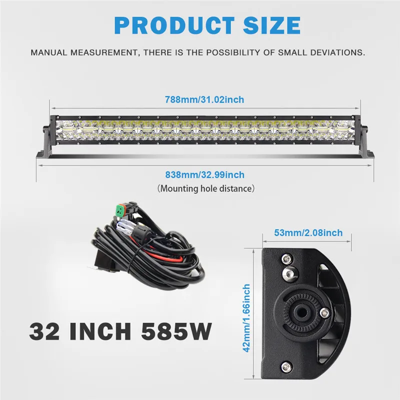 32inch 585W with DT CO светильник 7D 390 Вт 585 780 Вт 3 ряда светодиодный светильник бар 2" диаметр 32*42* комбинированного луча внедорожный светодиодный рабочий светильник для Jeep Грузовик ATV внедорожник 4x4 12V 24V - Цвет: 32inch 585W with DT
