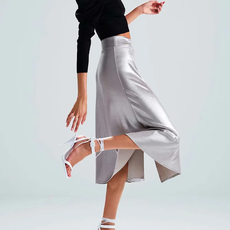 Женская Блестящая атласная юбка Sitruuna трапециевидная на шнуровке с высокой