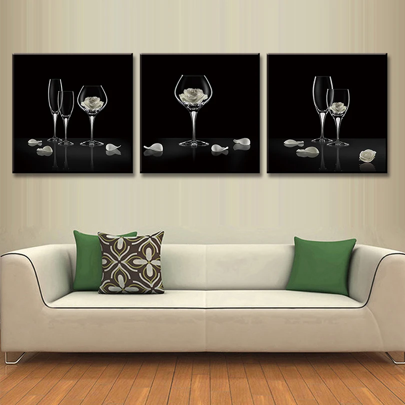 3 Pieces Still Life Transparent glasses Canvas Painting Simple Black Flower in Goblets Printed with Framed Bar Decor | Дом и сад