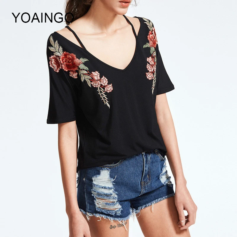 2017 Новая мода тонкий вышивка футболка старинные Strappy женский черный роза патч