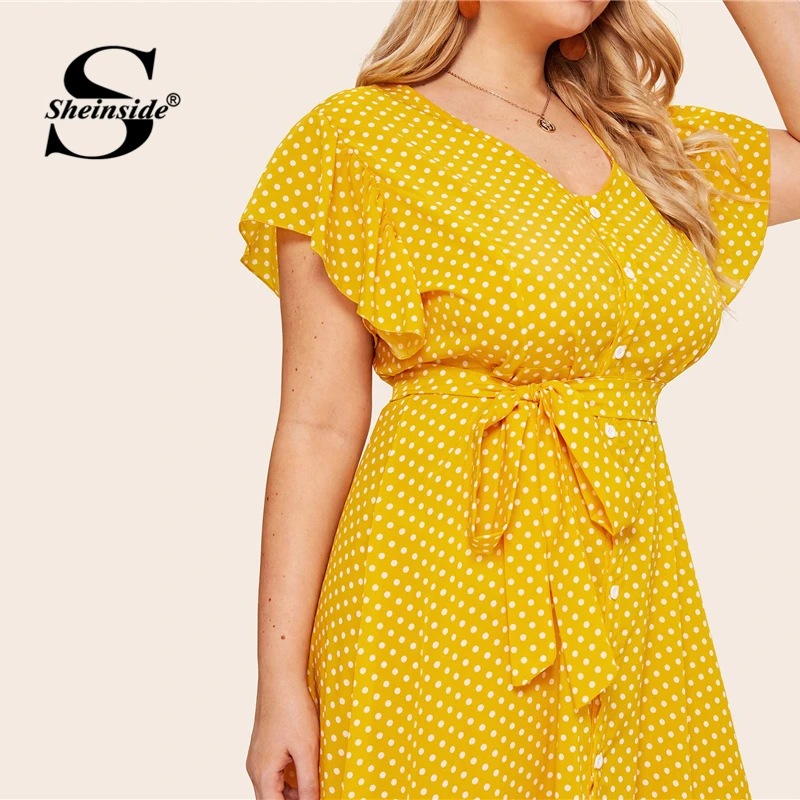 Sheinside Plus Size V Neck Polka Dot Dress Women Summer Flounce Sleeve Shirt Dresses Ladies Button Up Detail Maxi Dress