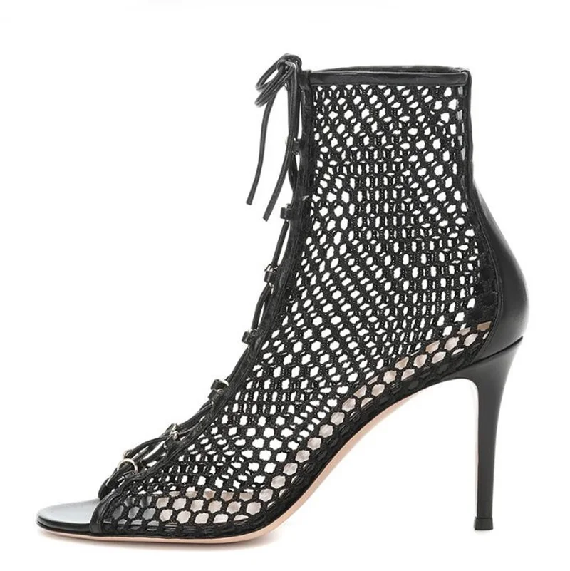 Женские Дышащие ботильоны на шнуровке с открытым носком высоком каблуке лето