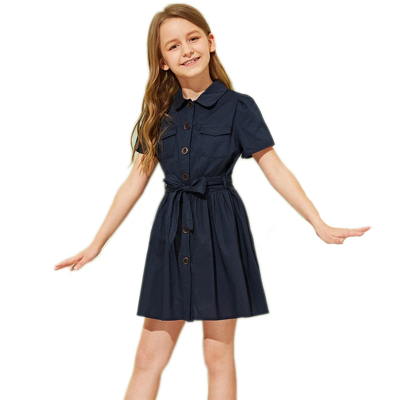 SHEIN Kiddie/платье-рубашка с одной пуговицей спереди и поясом для девочек; коллекция года; летнее короткое платье с короткими рукавами и двумя карманами для детей