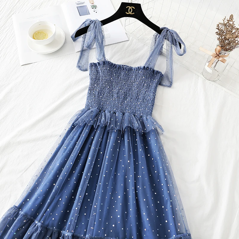 

Summer 2019 Korean Women Midi Dress Sweet Shining Polka Dot Spaghetti Strap Dress Elegant Ruffles Mesh Verano Strapless Vestido