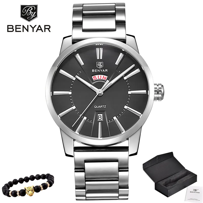 5101-Steel blue BENYAR кварцевые мужские часы модные деловые/Водонепроницаемые/спортивные часы мужские кожаные Наручные часы с двойным календарем Relogio Masculino - Цвет: 5101-Steel blue