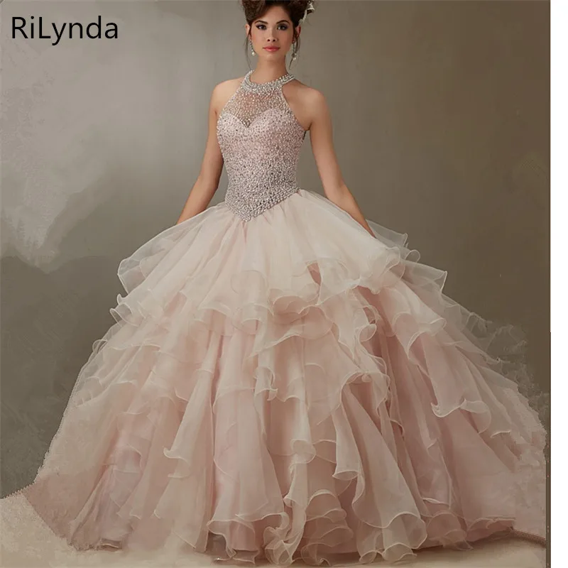 Шампанское платье для Quinceanera 2019 Бальные платья милое 16 дюймов с глубоким декольте