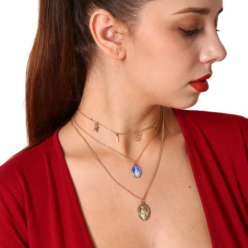 KISS web celebrity vintage multilayered exaggerated necklace with Jesus cross alloy letter set clavicle | Украшения и аксессуары