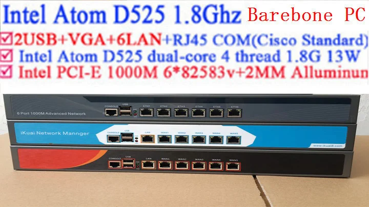 Полная гигабитная мультиwan-роутер брандмауэр с 6*82583 в RJ45 Intel D525 1 8G поддержка ROS