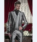Новинка, мужские смокинги с вышивкой для жениха, блестящие серые мужские костюмы для свадьбывыпускного, блейзер (пиджак + брюки + жилет) C3