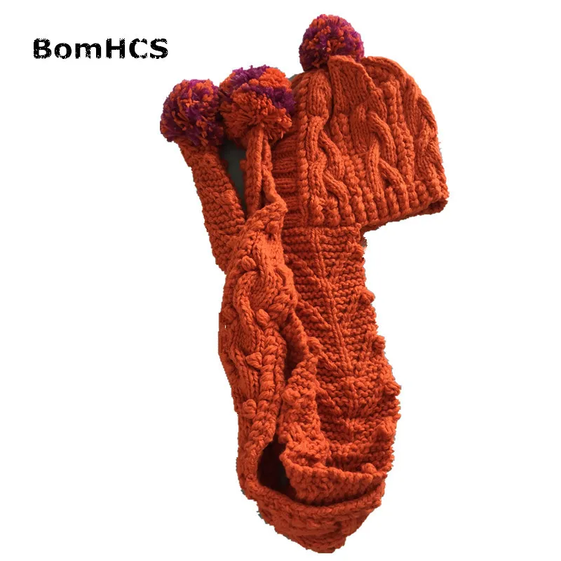 BomHCS Cute Cat Ears Hat with Scarf + Gloves (2pcs Suit) Winter Warm 100% Handmade Knitted Beanie Neckerchief Mittens