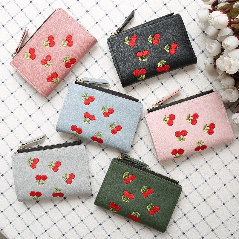 Модный женский короткий кошелек для монет из искусственной кожи, кошелек с вышивкой вишни, держатель для карт, мини-сумочка для денег для девушек