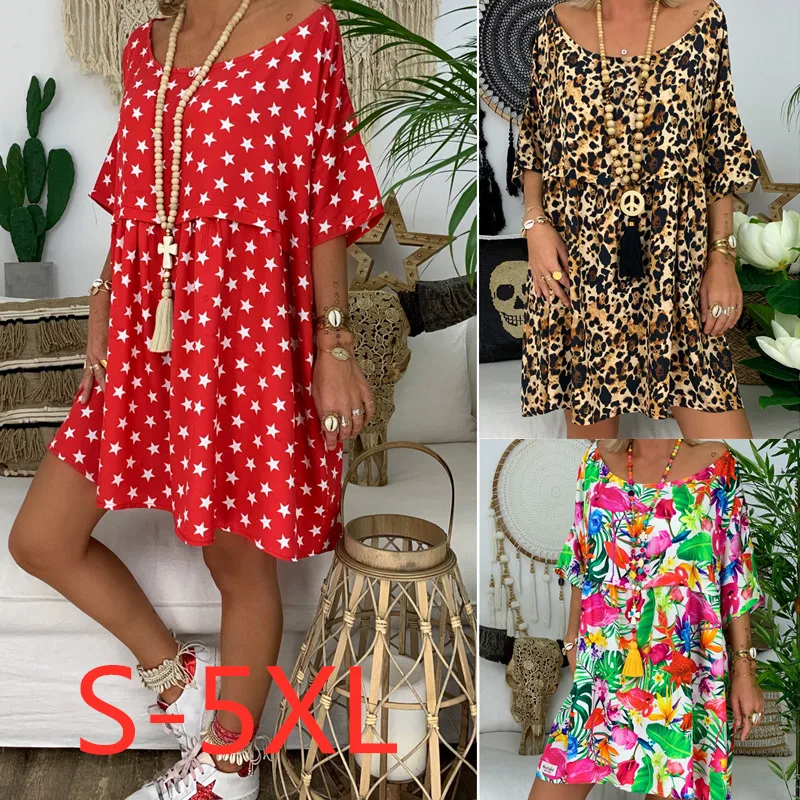 Свободное платье с коротким рукавом 2019 летнее пляжное круглым вырезом Boho женское