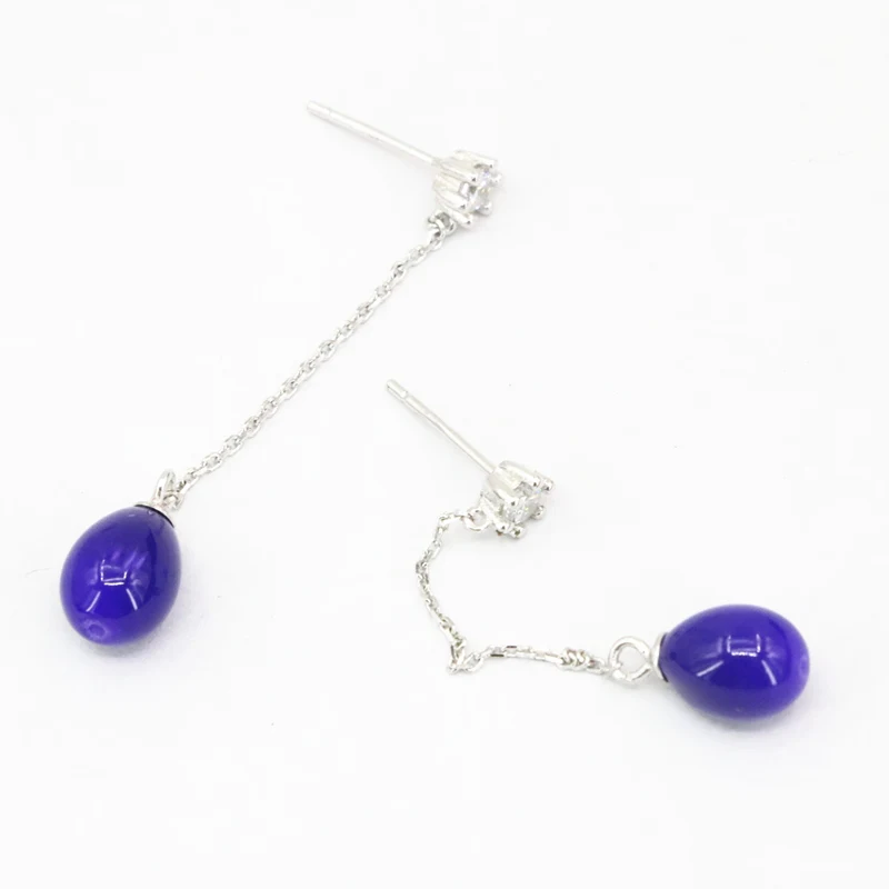 Pure Sterling Dangle Earring For Women 7x9mm Purple Baking Paint Glass Beads Long Drop Earrings Jewelry 4cm B3439 | Украшения и