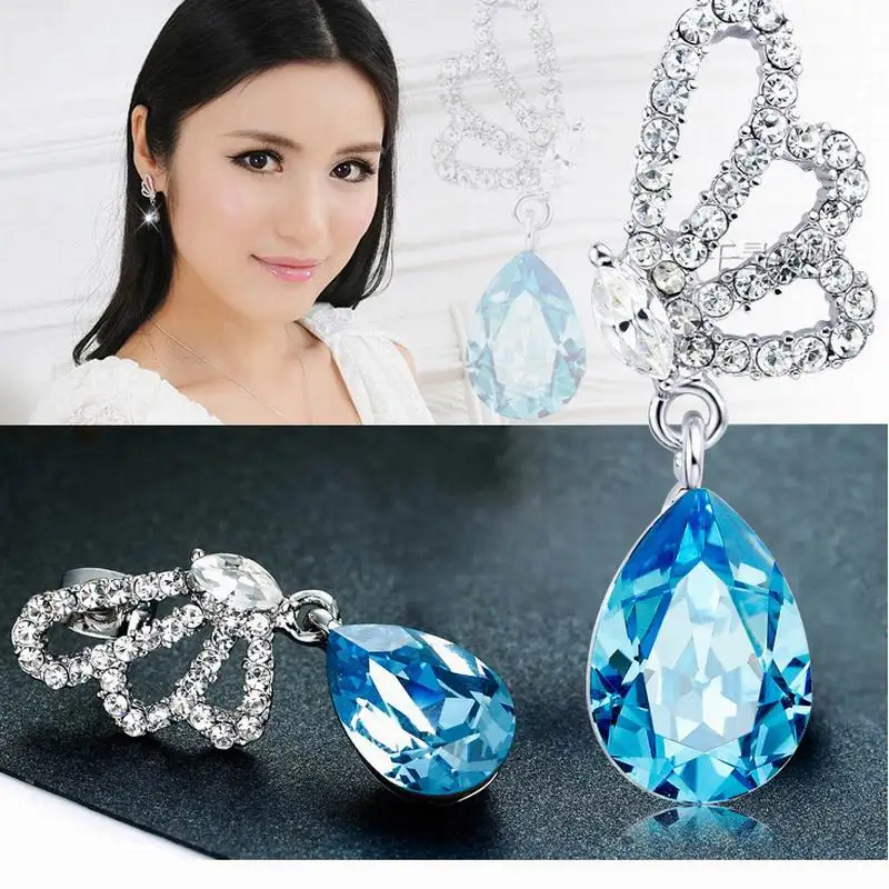 4Pairs wholesale Fashion Party Silver color Rhinestone Crystal Cute Lovely Butterfly Water Drop Earrings for women Jewelry | Украшения и