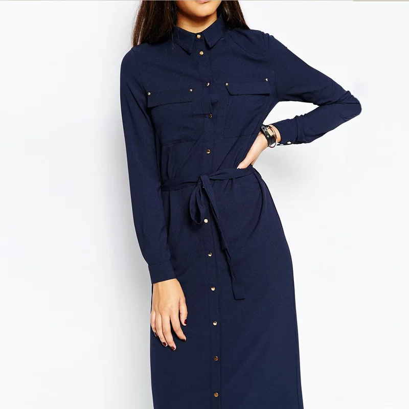 Внешняя торговля EBAY отворотом Однорядный металлической пряжкой карман Платье с