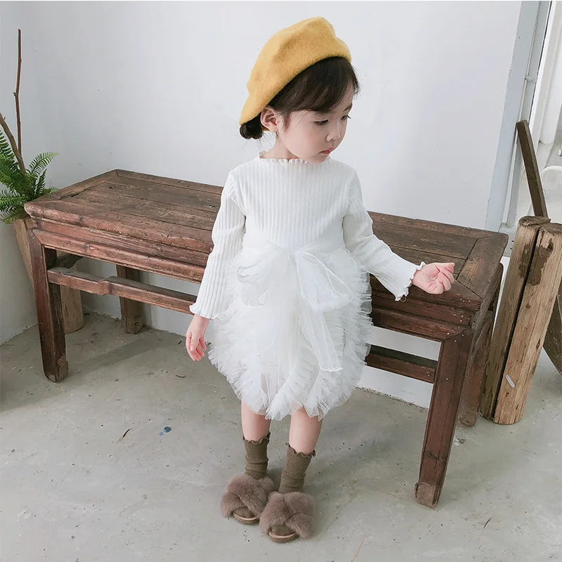 2018 Autumn New Arrival korean style cotton pure color Butterfly Knot princess Long Sleeve Cake dress for cute sweet baby girls | Детская