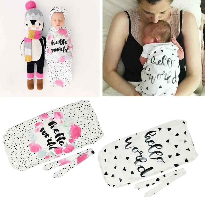 

2Pcs/Set Newborn Swaddle Blanket Baby Sleeping Bag Muslin Wrap Headband Photo props
