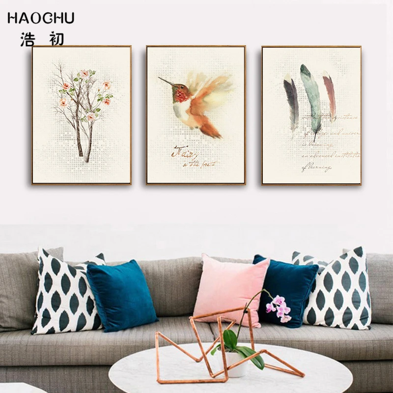 HAOCHU Triptych Vintage Flowers And Birds Canvas Painting Antique Wall Picture Pastoral Rural Home Decor Posters No Frame | Дом и сад