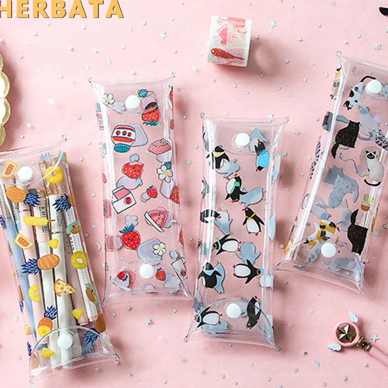 Милый фруктовая Пряжка пеналы для девочек Kawaii Кот и Пингвин ПВХ прозрачный пенал канцелярские принадлежности Papelaria CL-19149