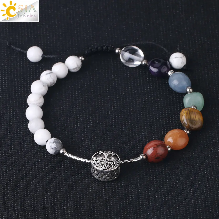 Howlite Csja чакра нерегулярный натуральный камень плетеный браслет Дерево жизни веревка регулируемые надписи талисманы браслет ювелирные изделия для женщин F987 - Окраска металла: Howlite