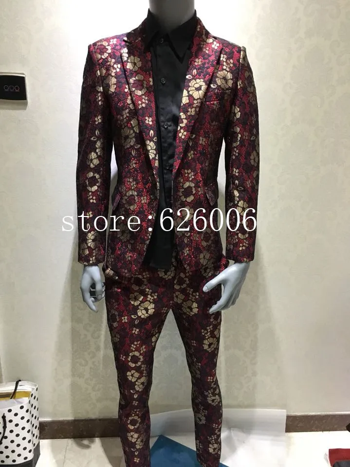

Plus size Men's Suits RED Flower Pattern Printed Slim Suits Male Fashion Business Suits Nightclub Singer Stage wear Prom wear