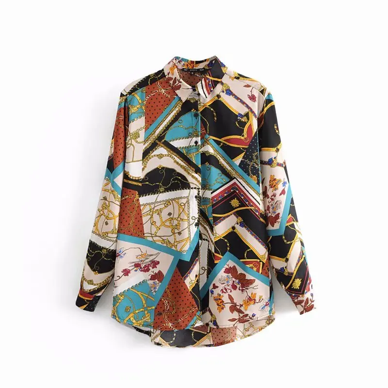 new women fashion chain patchwork print casual smock shirt blouses color matching chic business blusas retro tops LS3097 |