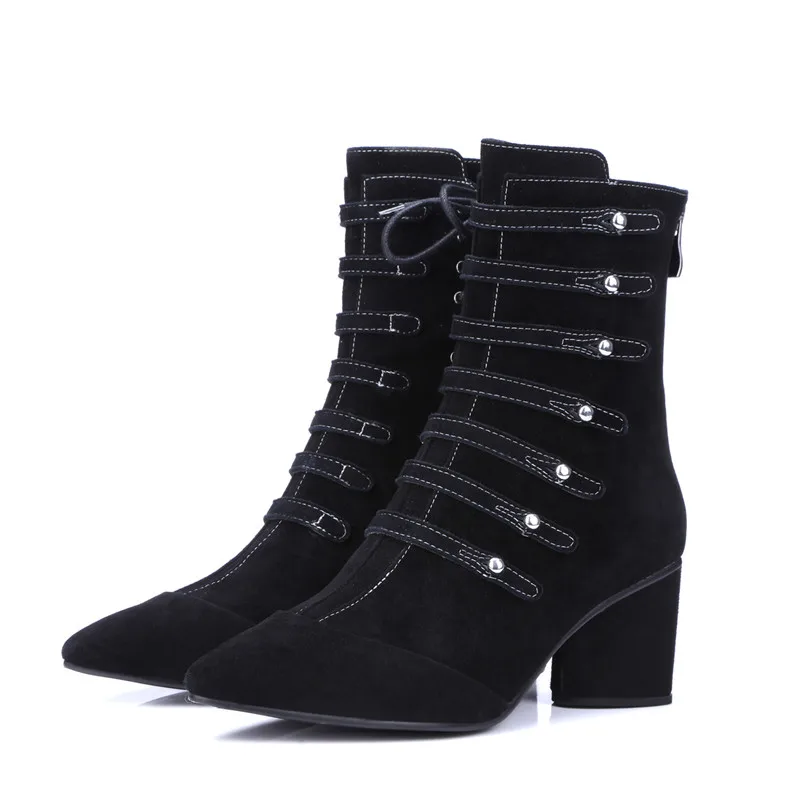 Online Smirnova 2018 Baru Fashion Semata Kaki Untuk Wanita Hitam Menunjuk Toe Suede Kulit Sepatu Tebal Tumit Wanita Musim Dingin Sepatu