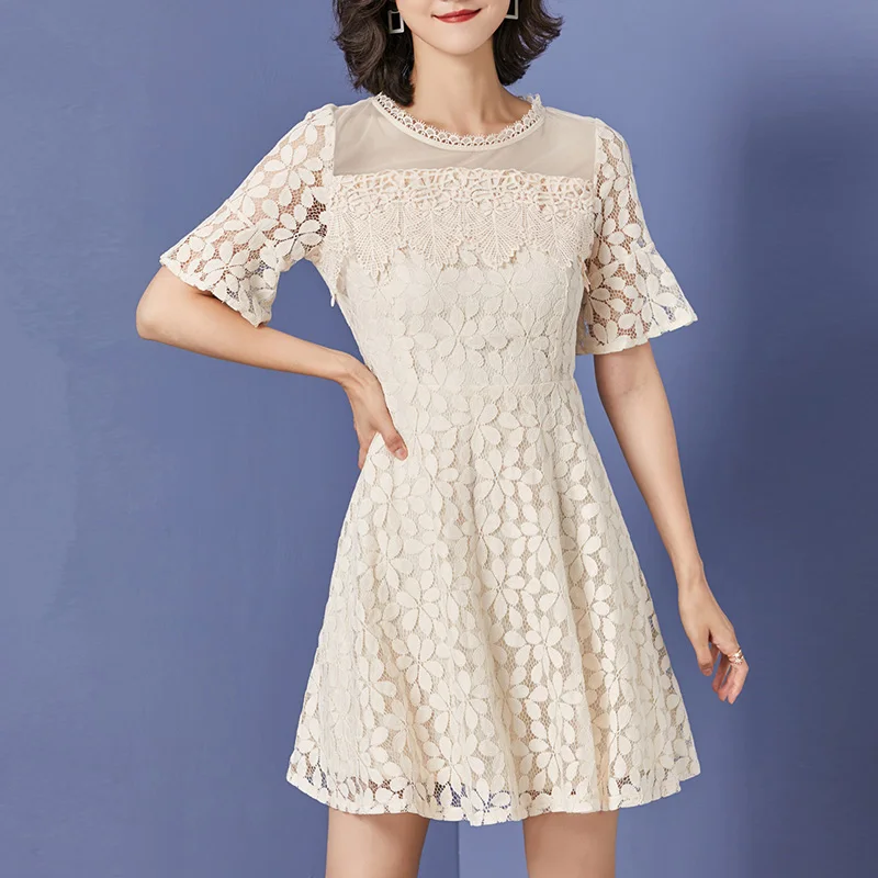 Модные короткие рукава фонарики летнее женское платье 2019 круглый воротник