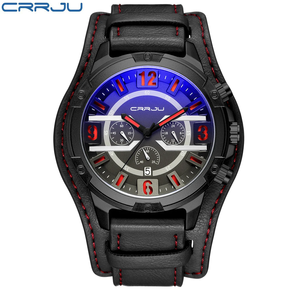 

New Watches Men Luxury Brand CRRJU Chronograph Men Sports Watches Waterproof Leather Quartz Man Watch Mens Relogio Masculino