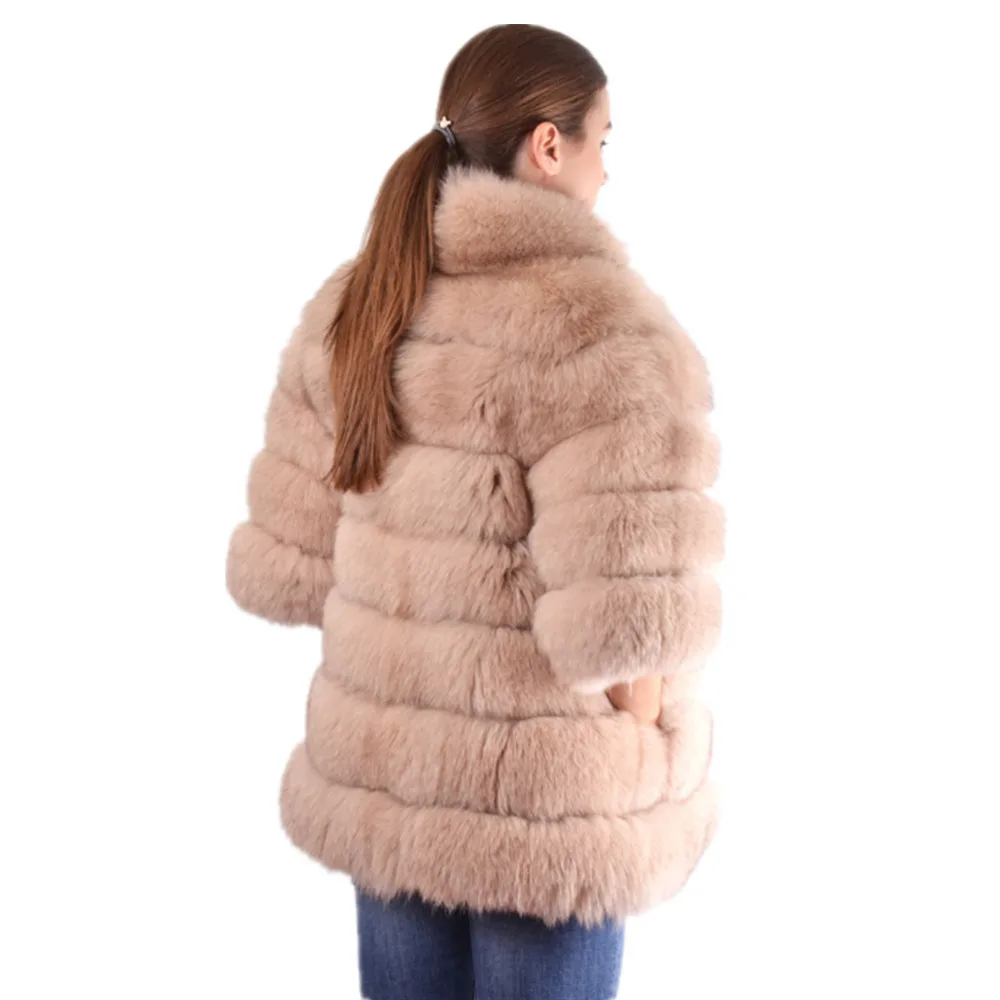 Женское зимнее короткое пальто TOPFUR розовое из натурального меха лисы с коротким