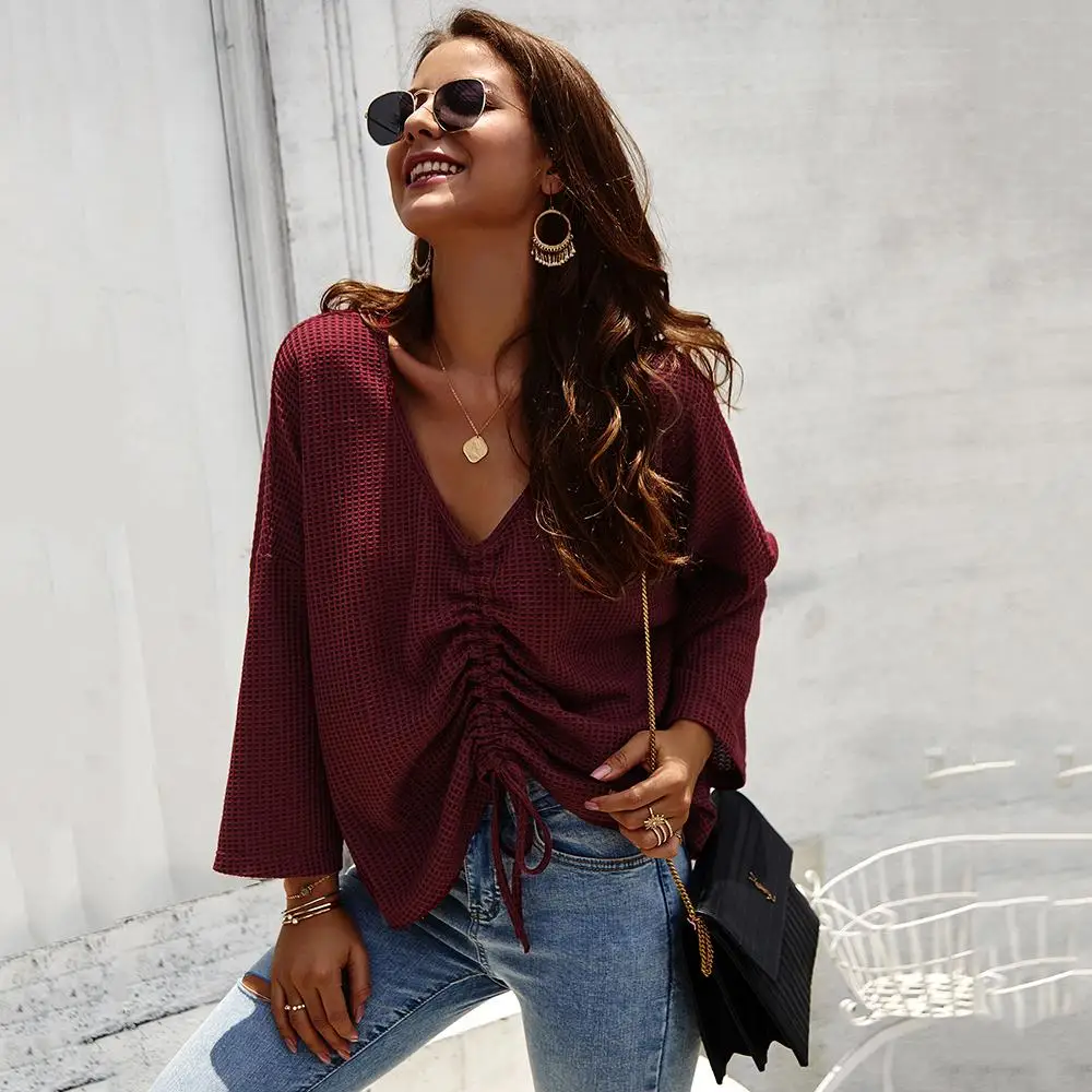 Женская блузка с длинным рукавом v-образным вырезом однотонная плиссированная