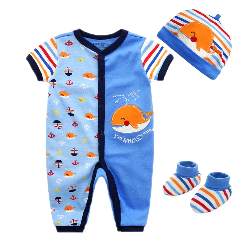 

2021 Newborn Unisex Clothes Summer Baby Romper 0-9M 100% Cotton short sleeves Rompers+Caps+Socks Outfits boys Set Kid pajamas