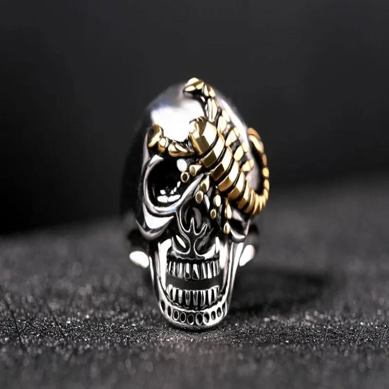2017 new fashion personality high-quality vintage domineering gold scorpion skull ring titanium steel men's jewelry | Украшения и