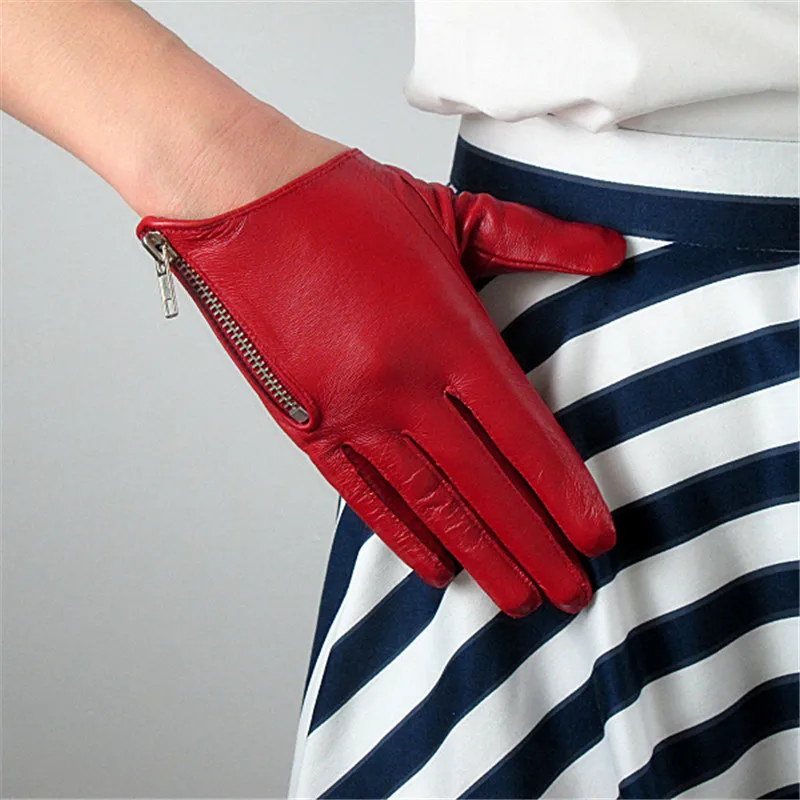 Latest Genuine Leather Gloves Female Short Sheepskin Gloves Fashion Simple Zipper Decoration Woman's Leather Gloves NS23