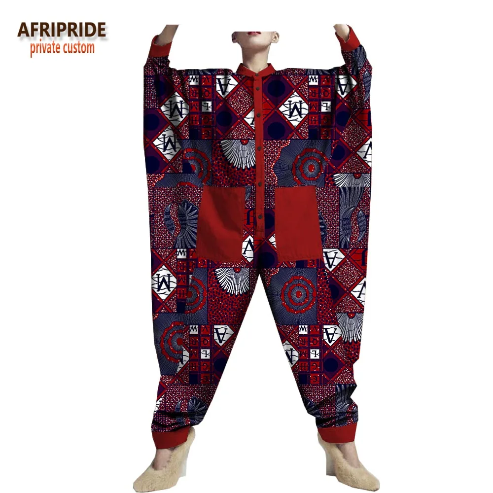 

2018 spring jumpsuit for women AFRIPRIDE african print batwing sleeve single breasted full length women cotton jumpsuit A1829002