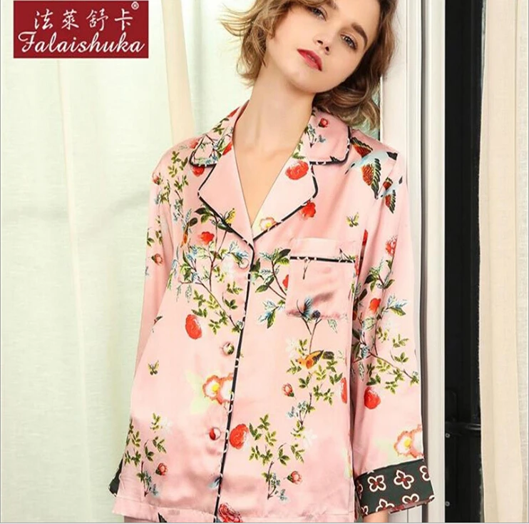 Silk Pajama Sets Two Piece Set Woman  Pink Flower Print 2019 Summer 100% Silk Stain Homewear Sexy Pajama Sets Pant Sleepwear XL