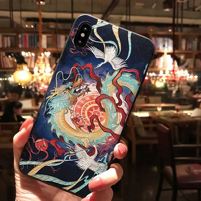 JIBAN Chinese Style Embossed Painted Dragon Double Crane Phone Case For Honor Play Huawei Nova3e P20 Magic2 10pro |