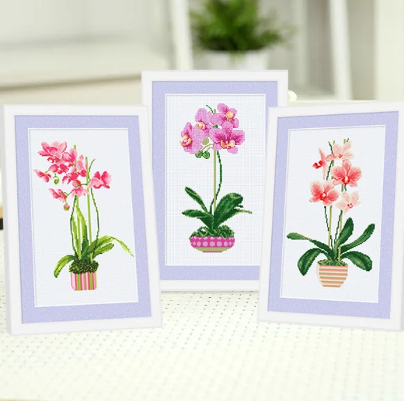 

Orchid cross stitch kit flowers 14ct counted canvas DMC cotton thread handmade embroidery DIY needlework set