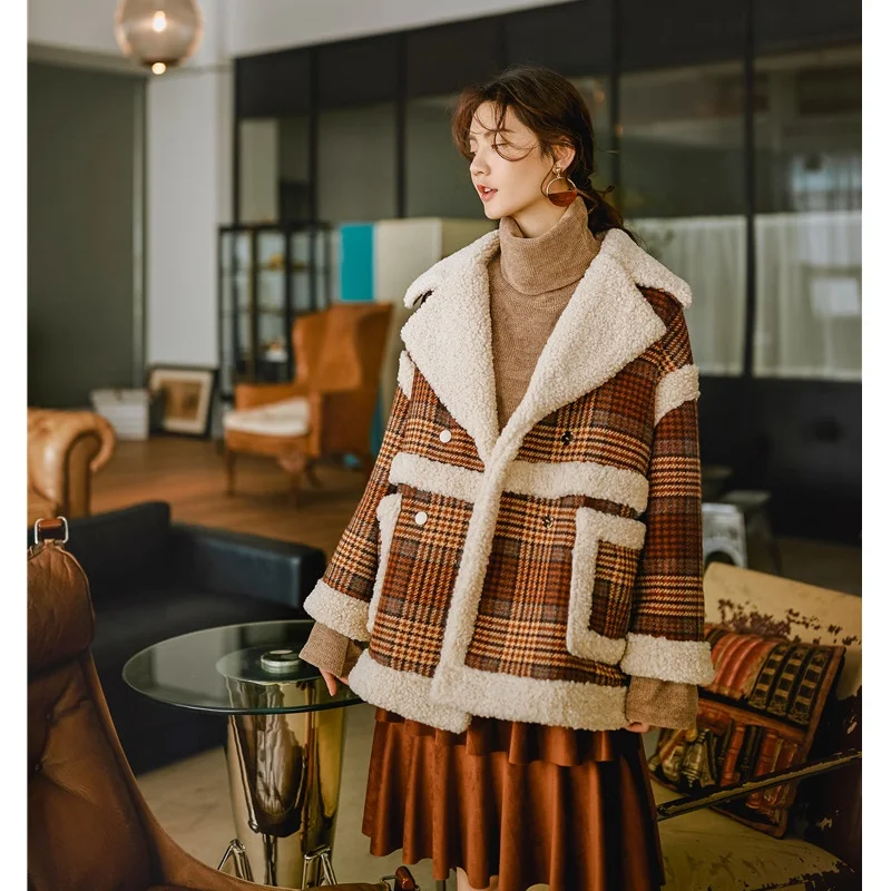 2018 зимнее пальто женские из искусственной овечьей шерсти клетчатые куртки с