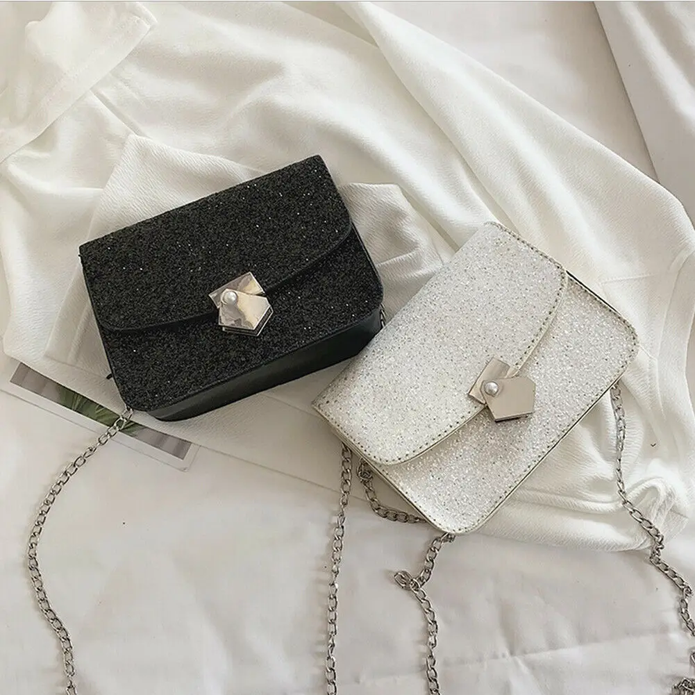 Сумка мессенджер с блестками и цепочкой белая/черная летняя 2019|Сумки ручками| |