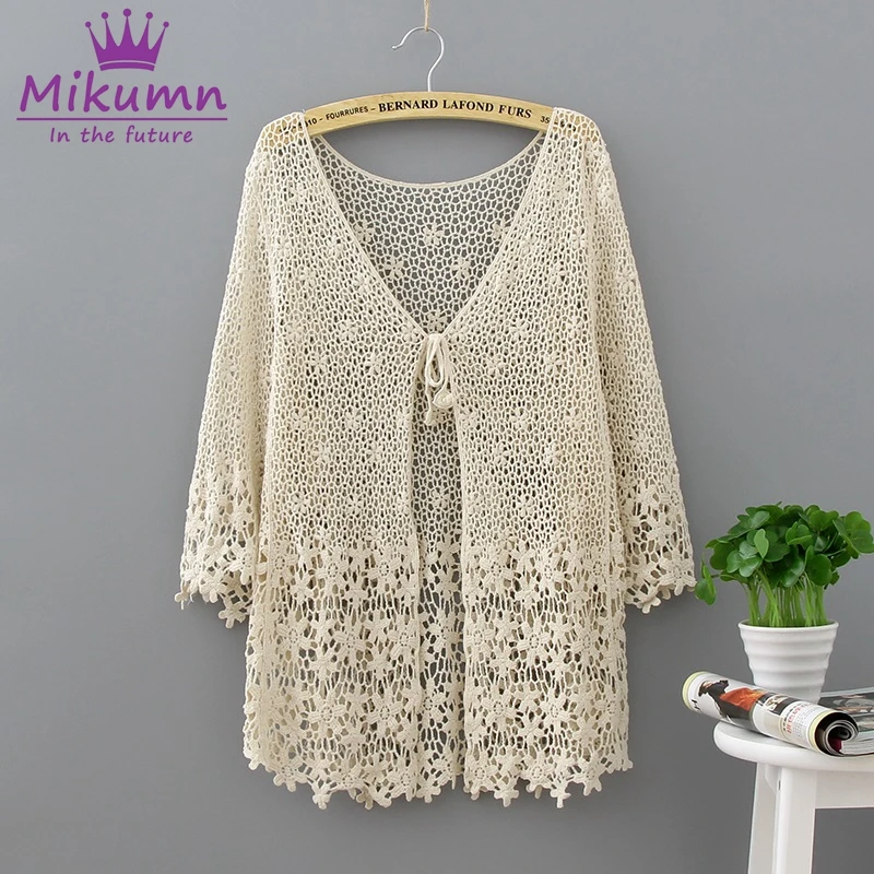 Mikumn Blusas Femininas, лето, новинка, женский милый кружевной кардиган с цветочным рисунком, с вырезами, вязанный крючком, блузка, пляжные топы, Camisas Mujer