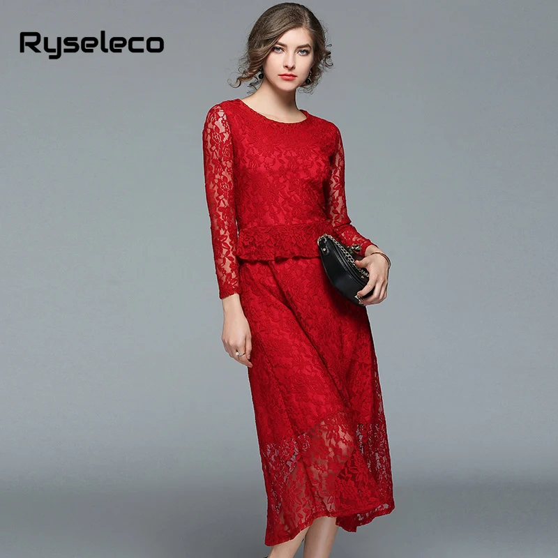 Ryseleco/осеннее модное платье из 2 предметов Красное Кружевное лоскутное тонкое